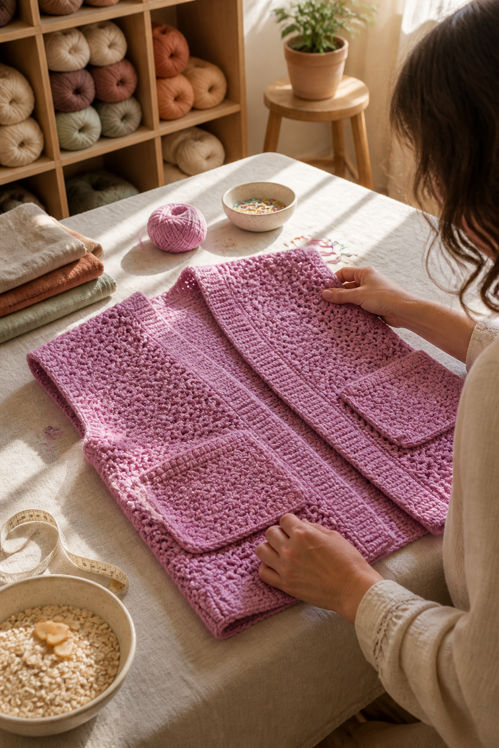 crochet long cardigan pattern: finishing and wear check in an original editorial composition