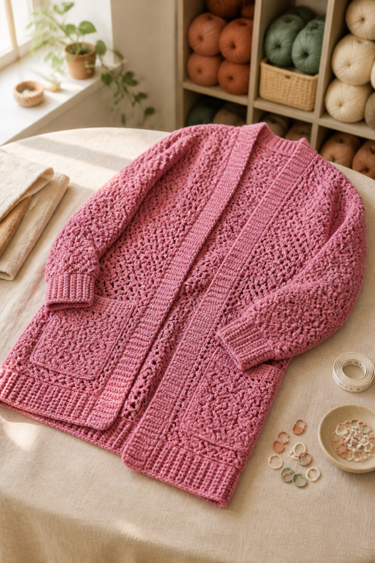 crochet long cardigan pattern in an original editorial composition