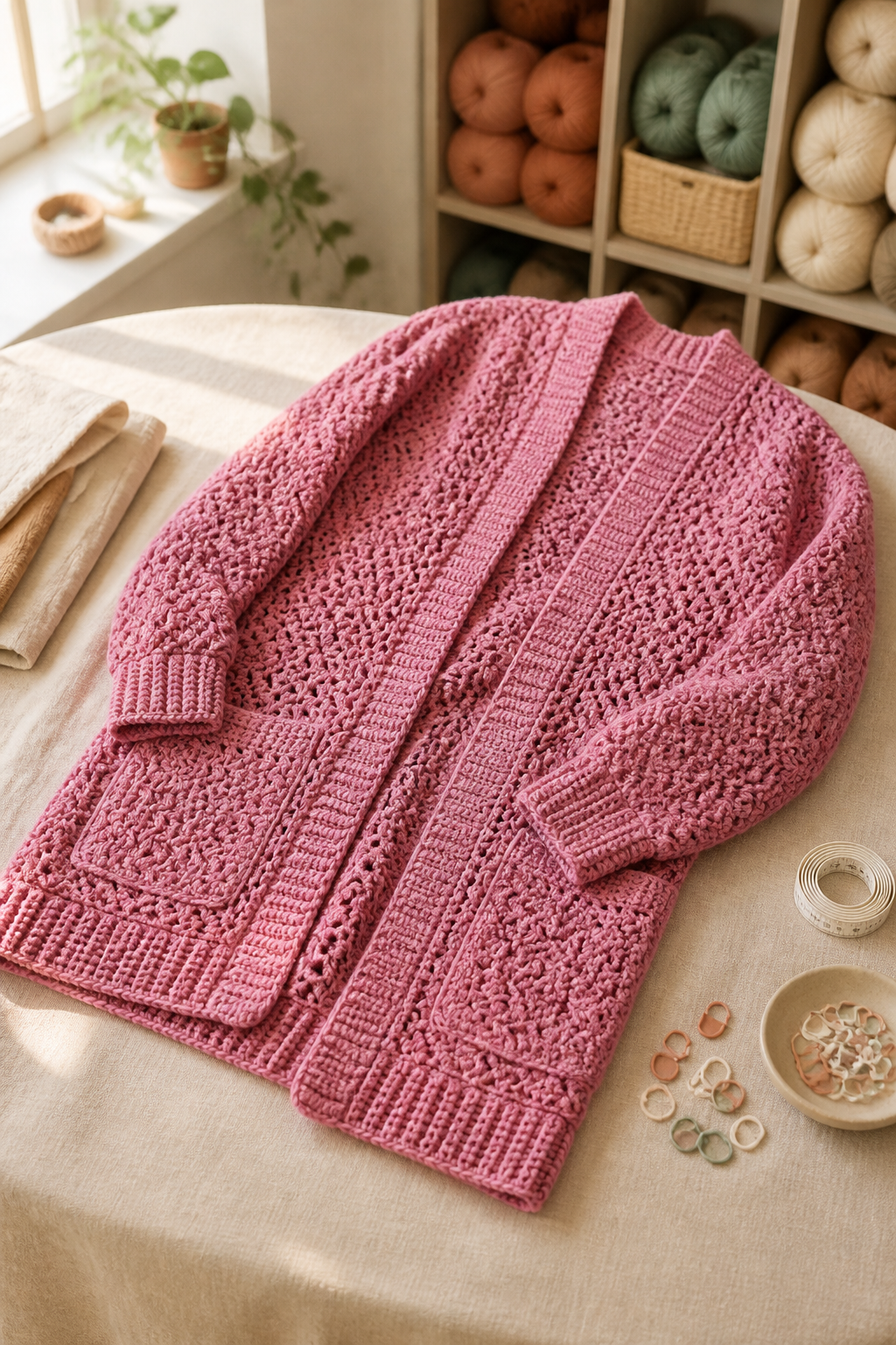 crochet long cardigan pattern in an original editorial composition