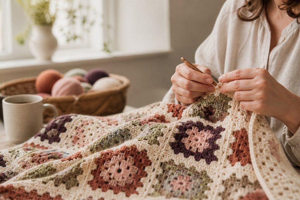Hands crocheting a textured granny-square blanket