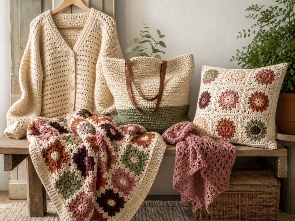 Finished crochet garments, accessories, blanket, and home decor