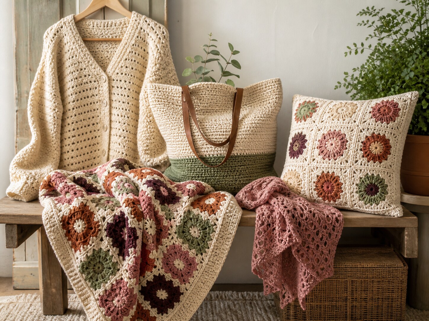 Finished crochet garments, accessories, blanket, and home decor