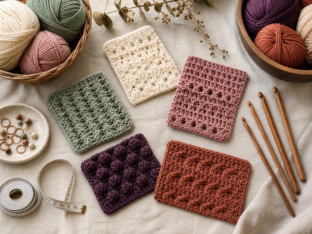 Crochet stitch swatches, yarn, hooks, and tools