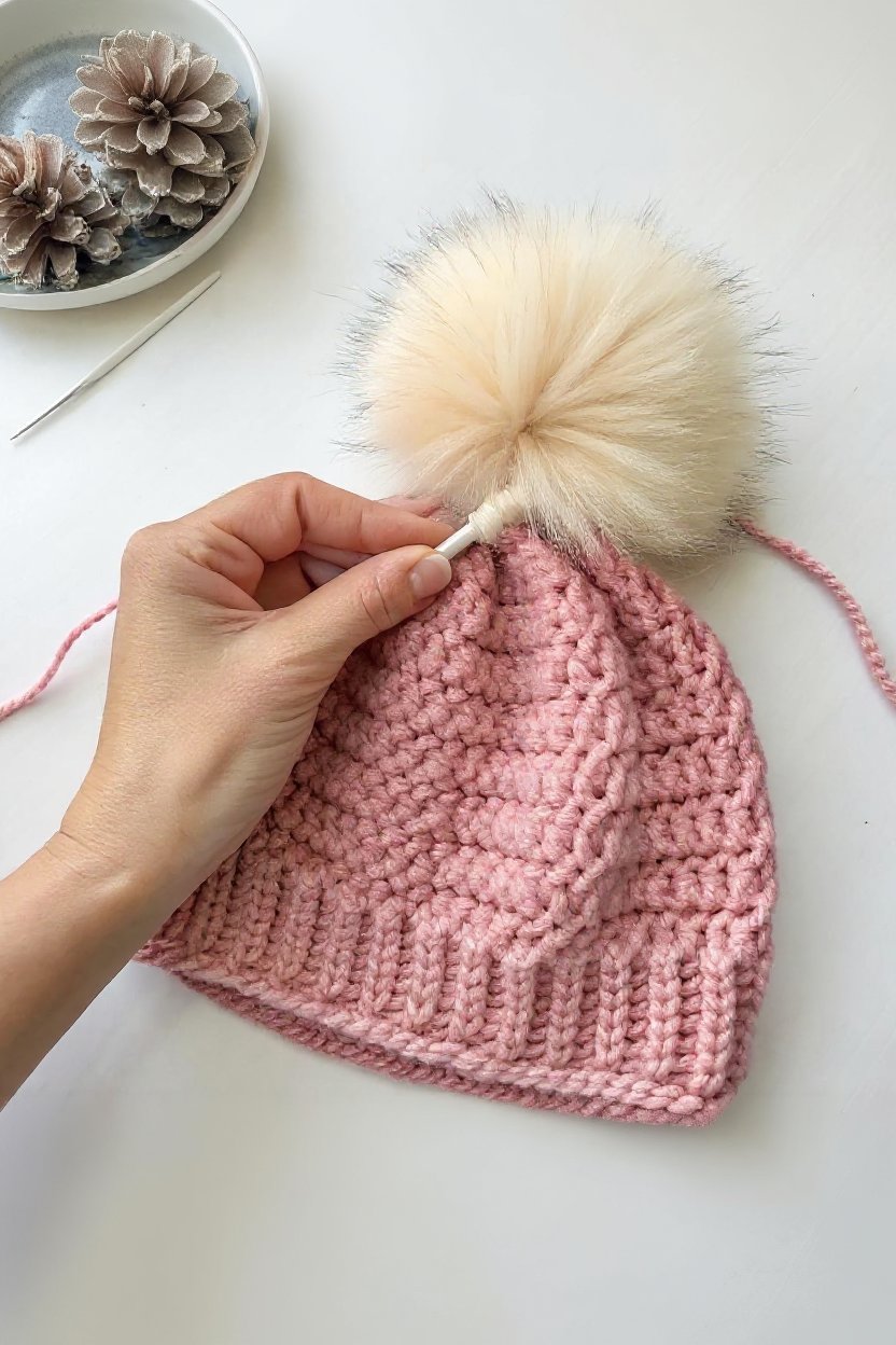 9. Adding an Optional Faux Fur Pom-Pom - how to make a slouchy crochet hat