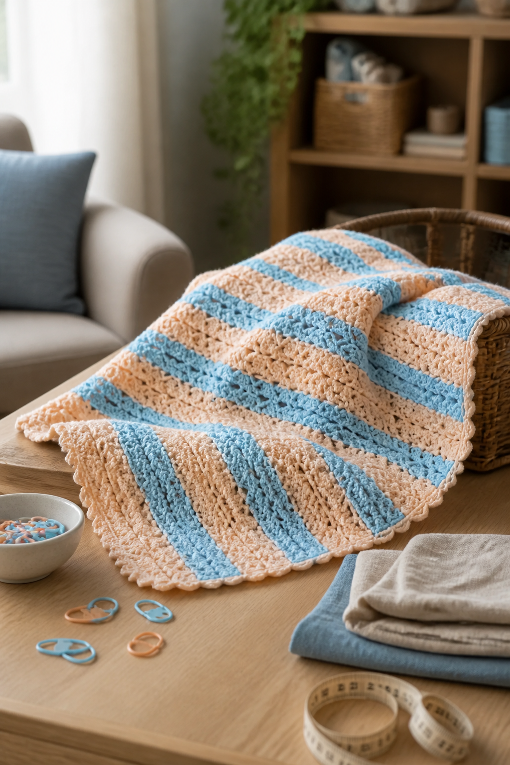 peach and blue crochet blanket ideas: light baby-blanket weight in an original editorial composition