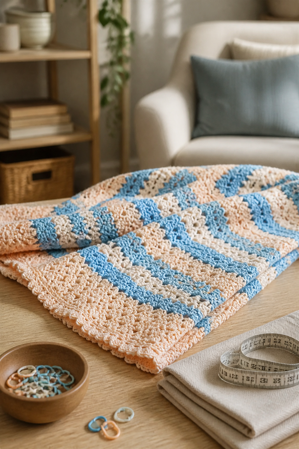 peach and blue crochet blanket ideas: beginner-friendly stitch vocabulary in an original editorial composition
