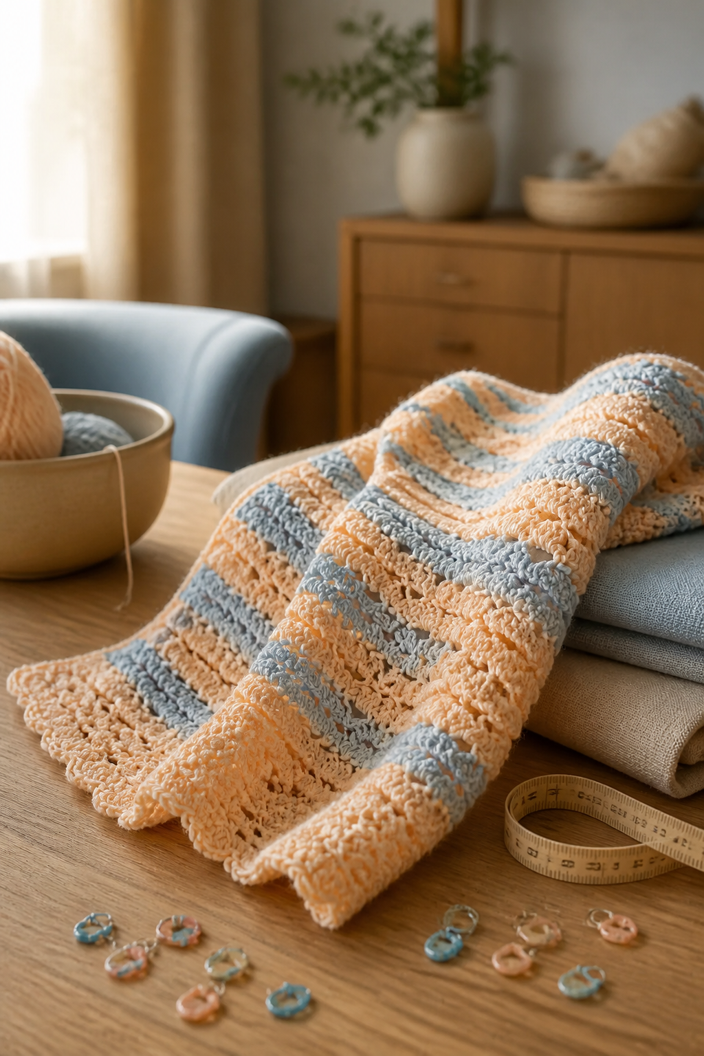 peach and blue crochet blanket ideas: balanced peach and blue yardage in an original editorial composition