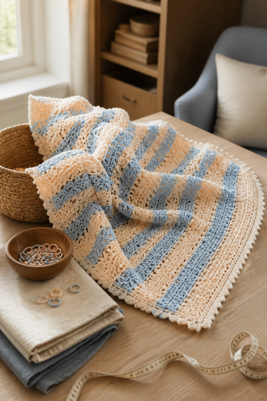 peach and blue crochet blanket ideas: narrow-to-wide stripe pacing in an original editorial composition