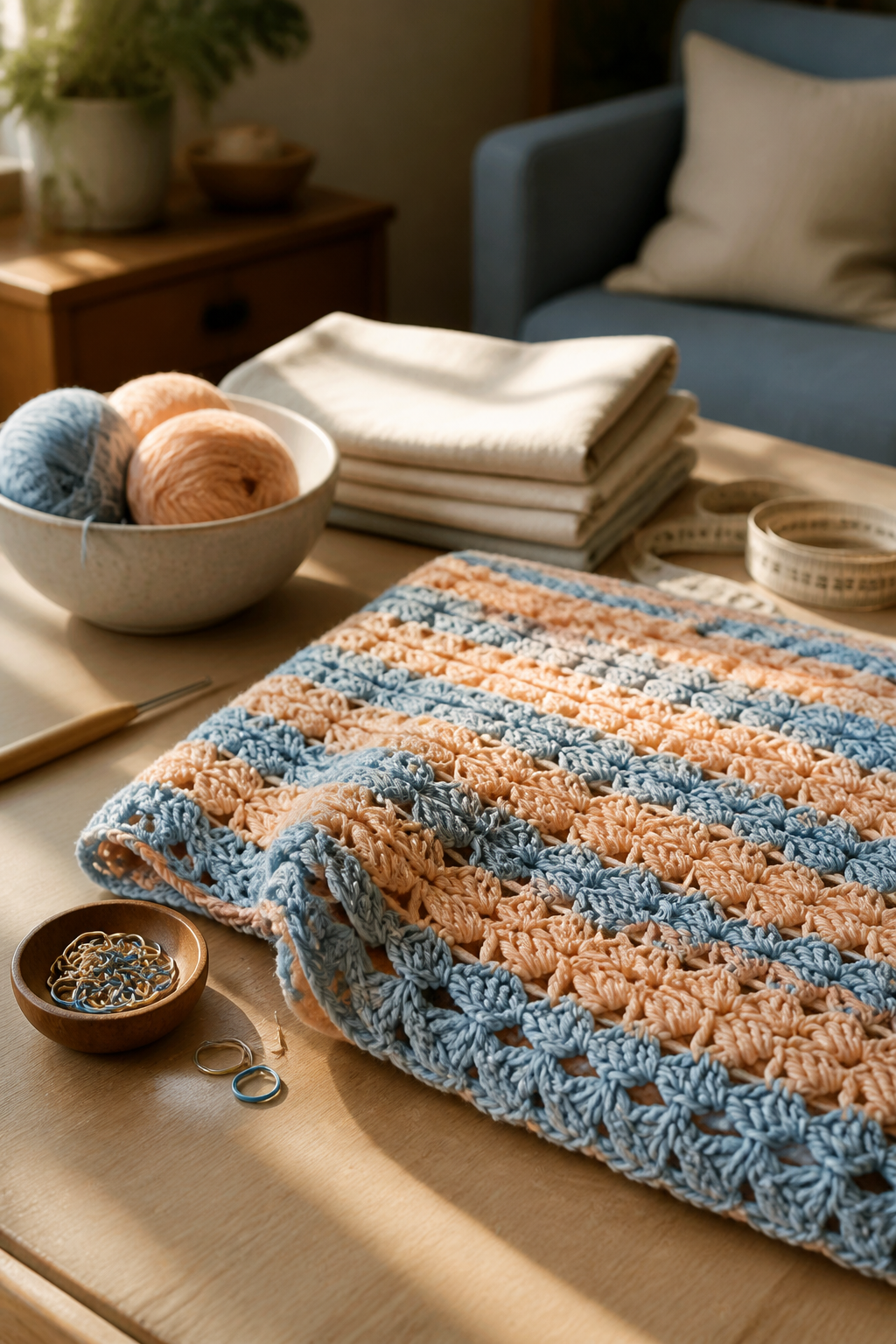 peach and blue crochet blanket ideas: carried-yarn edge management in an original editorial composition