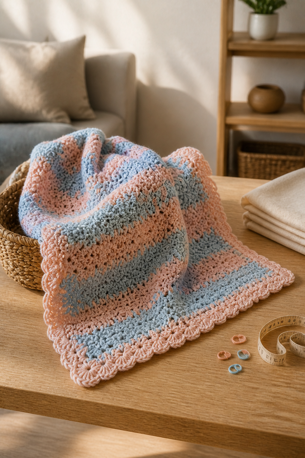 peach and blue crochet blanket ideas: smaller-hook border definition in an original editorial composition