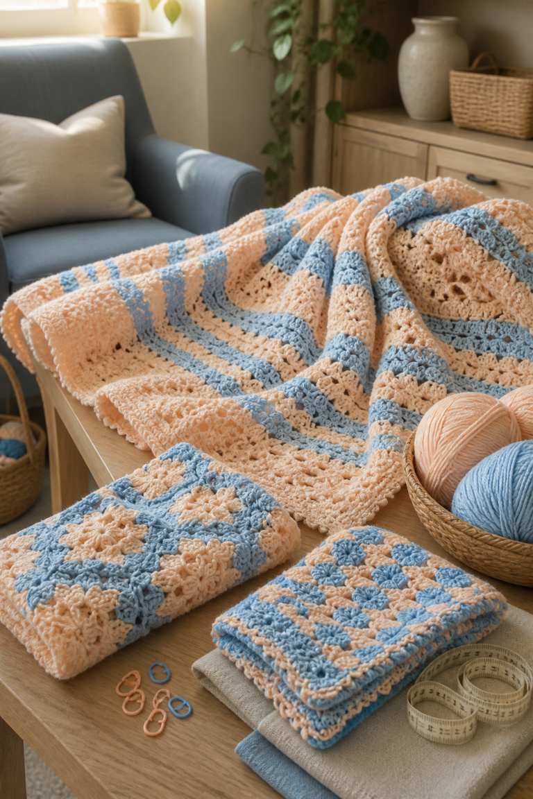 peach and blue crochet blanket ideas in an original editorial composition