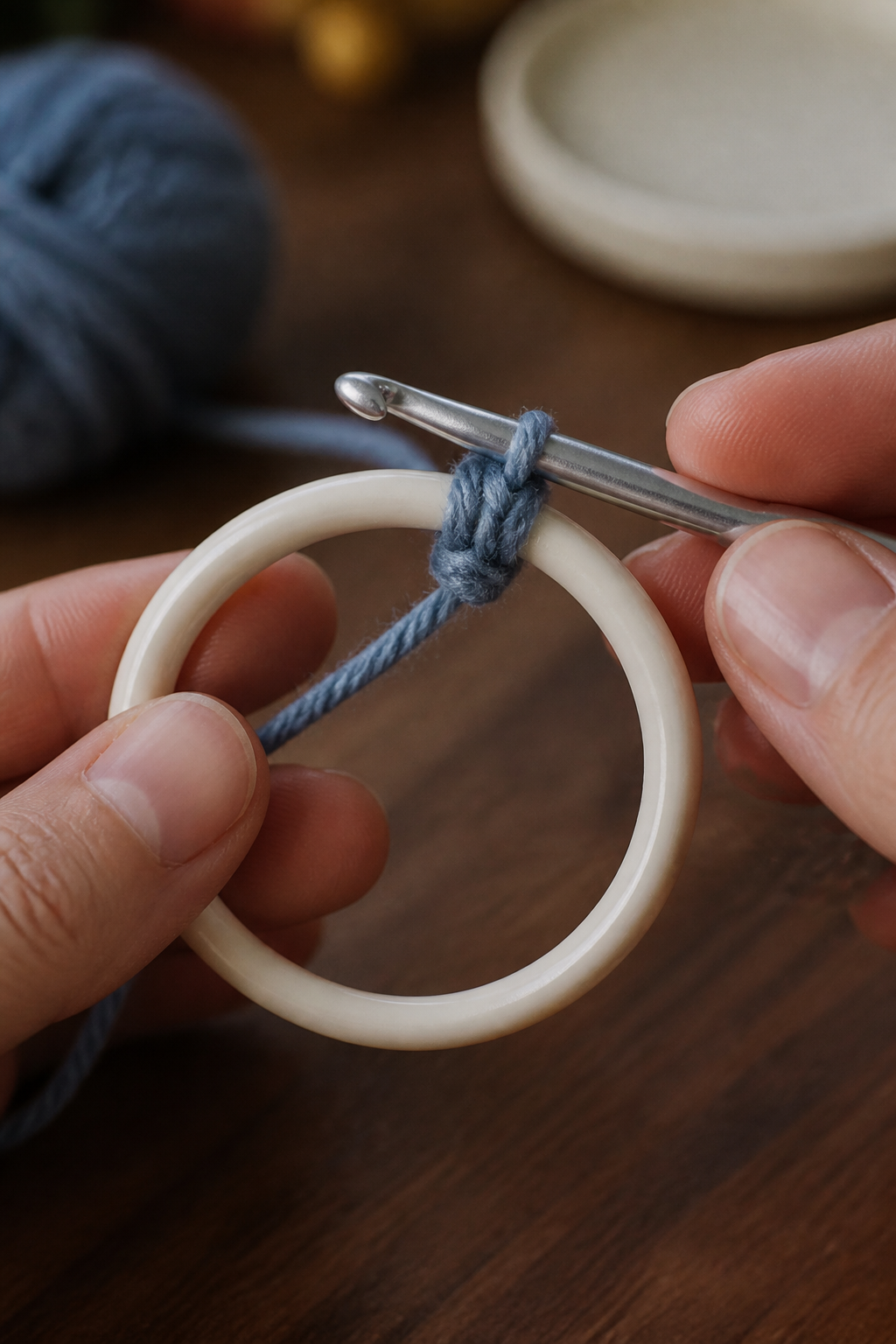 dusty blue yarn anchored to a recycled crochet bag handle