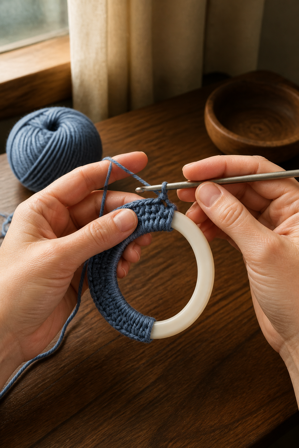 working single crochet around a recycled crochet bag handle