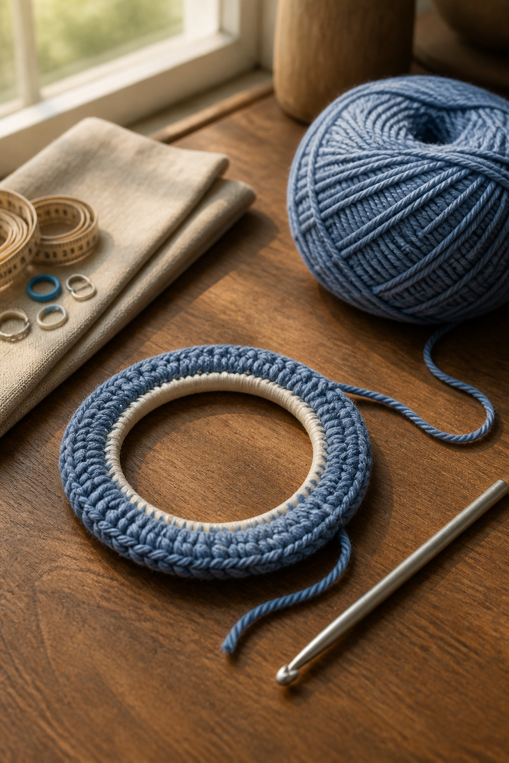 recycled crochet bag handle materials on a walnut craft table