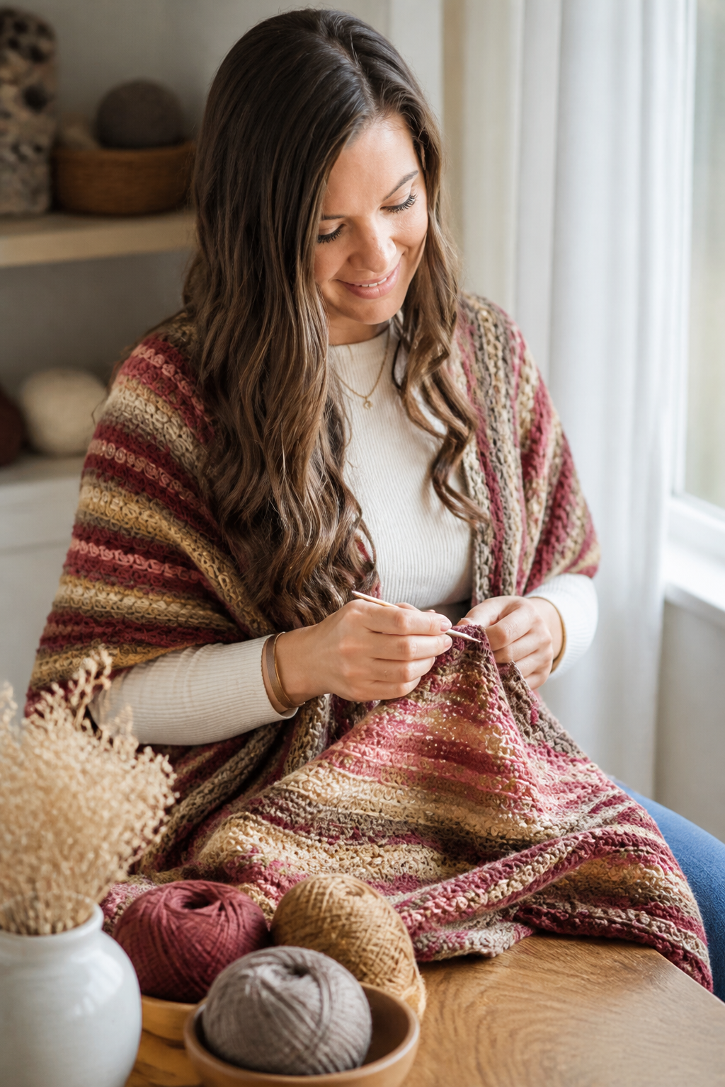 Suzette ruana crochet pattern: textured suzette stitch in an original editorial composition