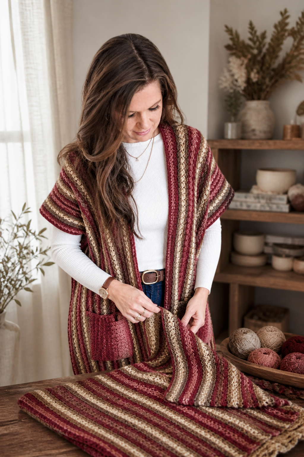 Suzette ruana crochet pattern in an original editorial composition