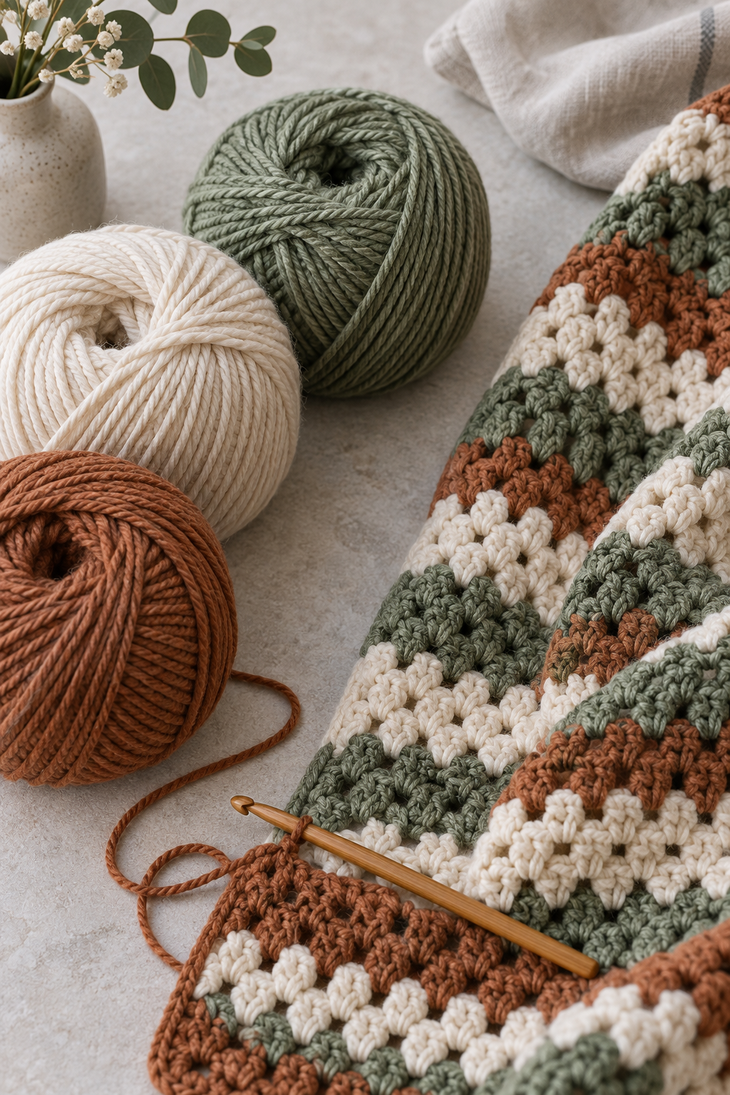 Crochet 3 color blanket with three coordinated yarn colors