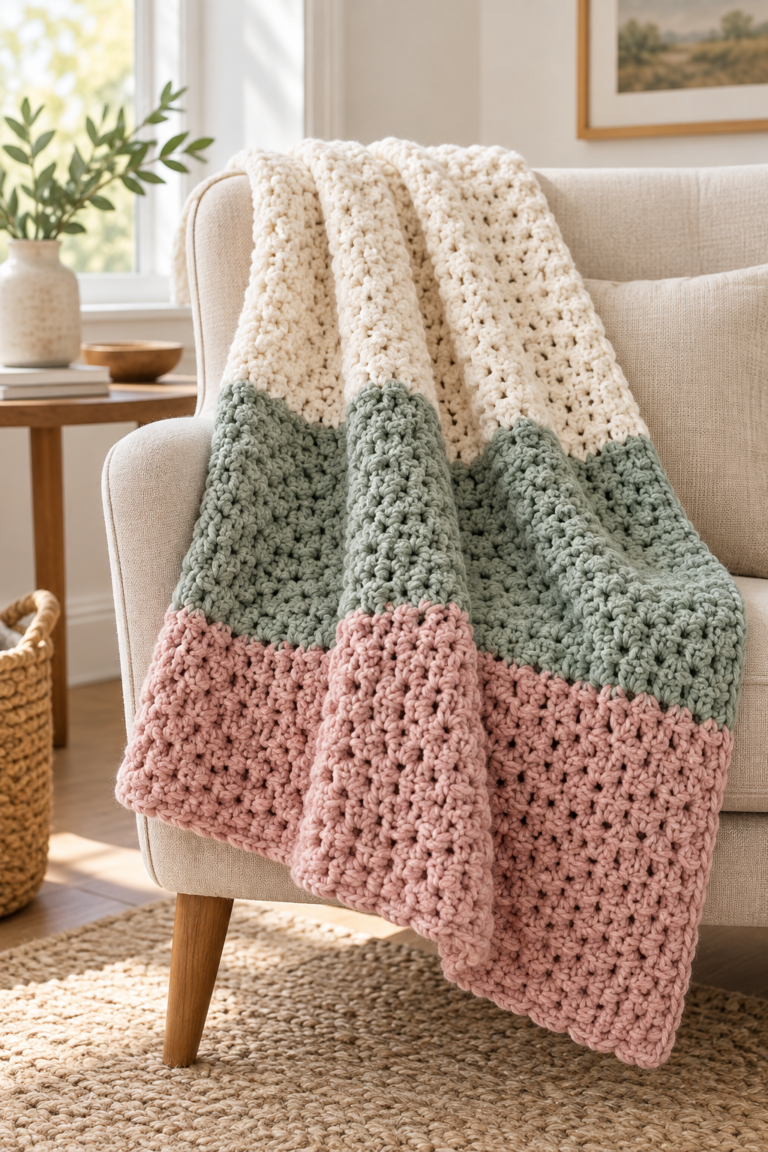 Soft three-color crochet blanket with balanced texture