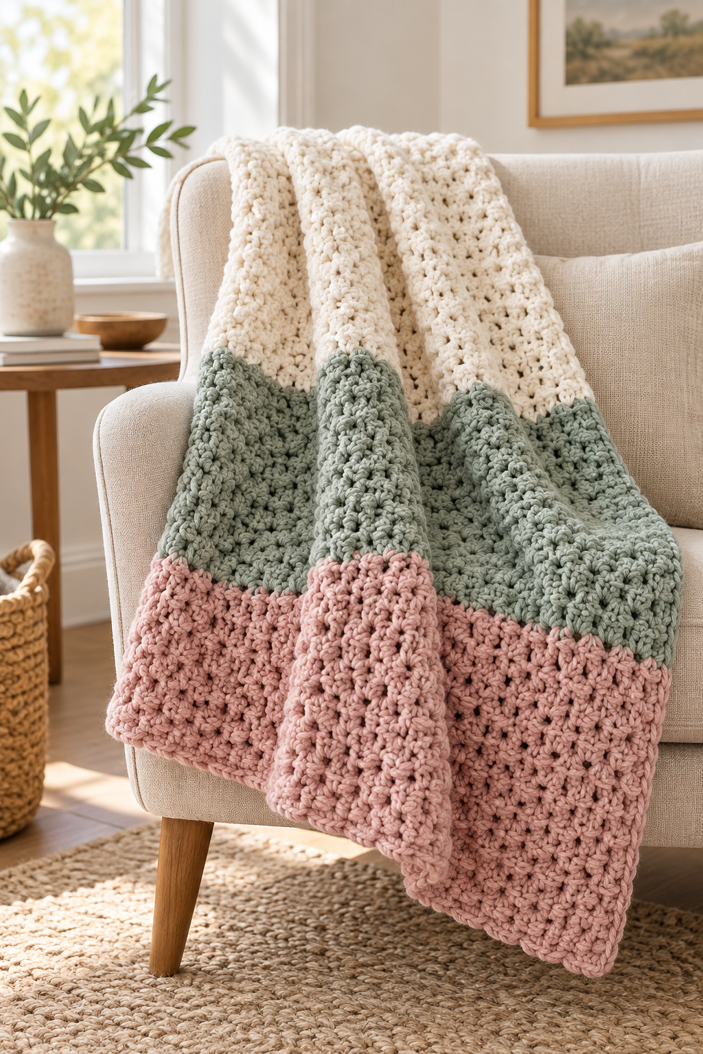 Soft three-color crochet blanket with balanced texture