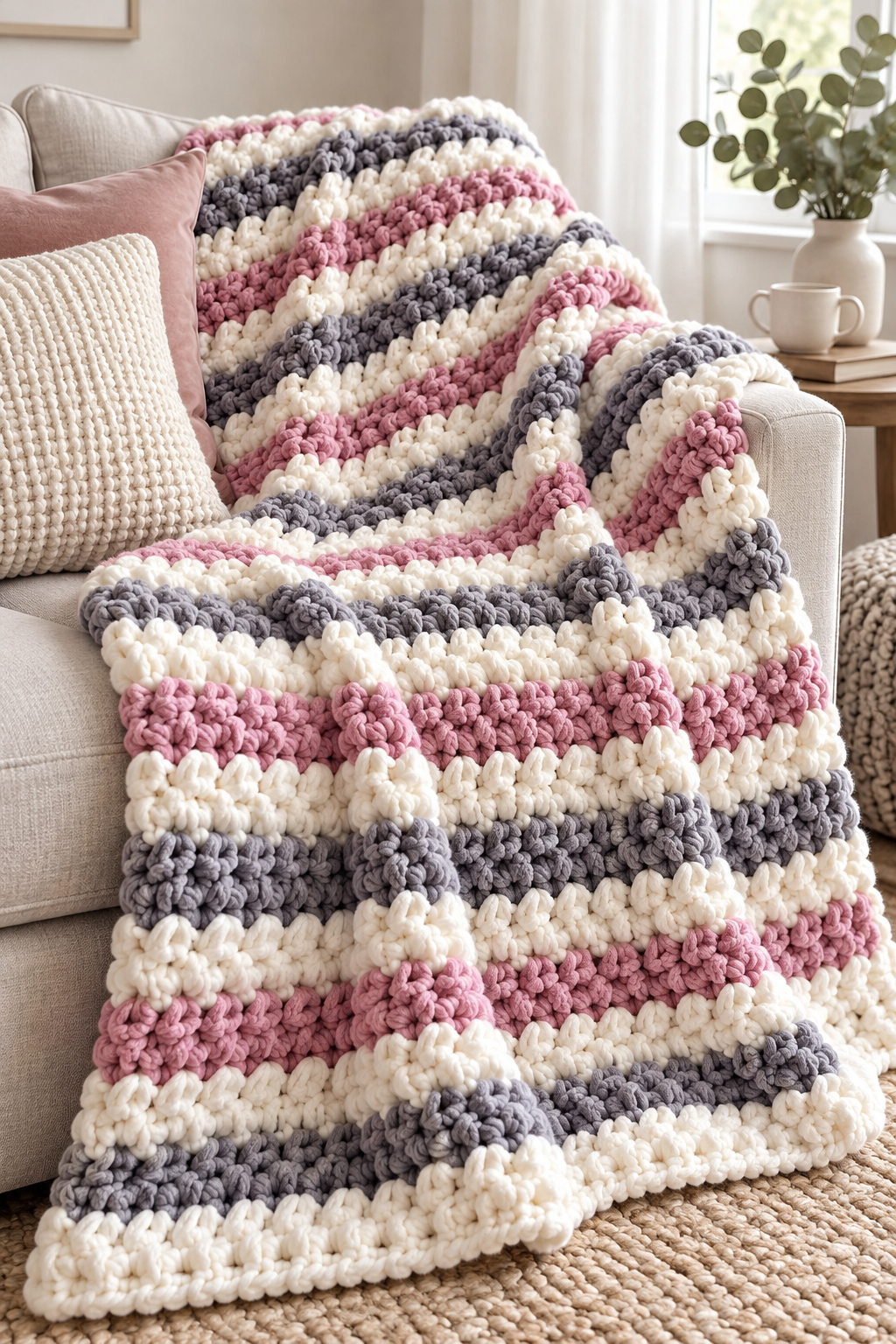 Finished 6 weight yarn crochet blanket styled for cozy use