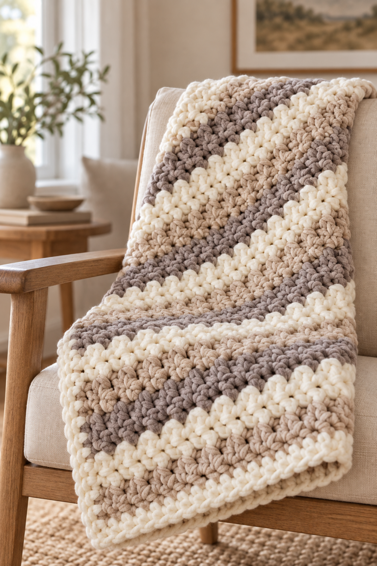 6 weight yarn crochet blanket pattern in a fluffy neutral texture