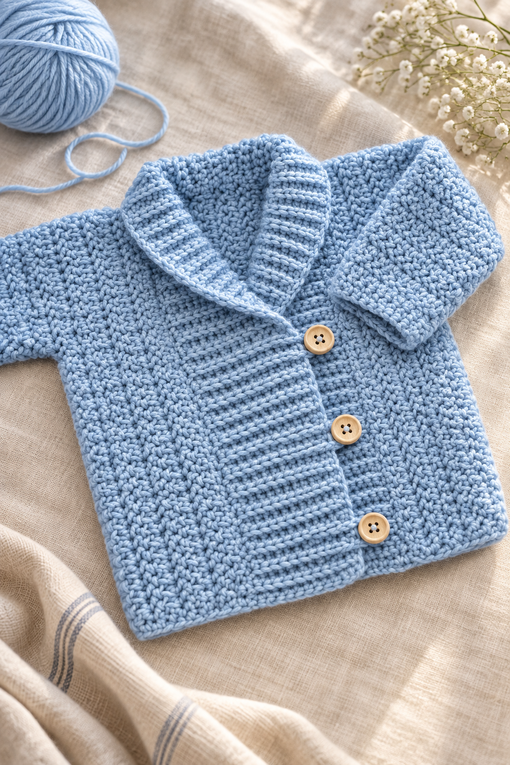 Finished soft crochet baby cardigan in a gentle blue shade