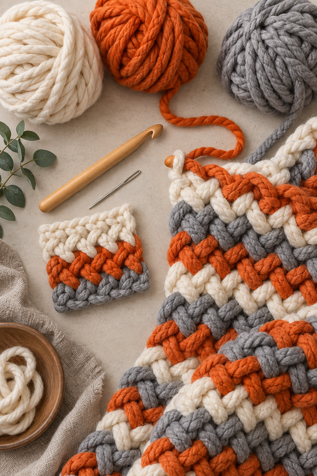 Bulky yarn crochet tools and gauge swatch for a braided loops crochet blanket