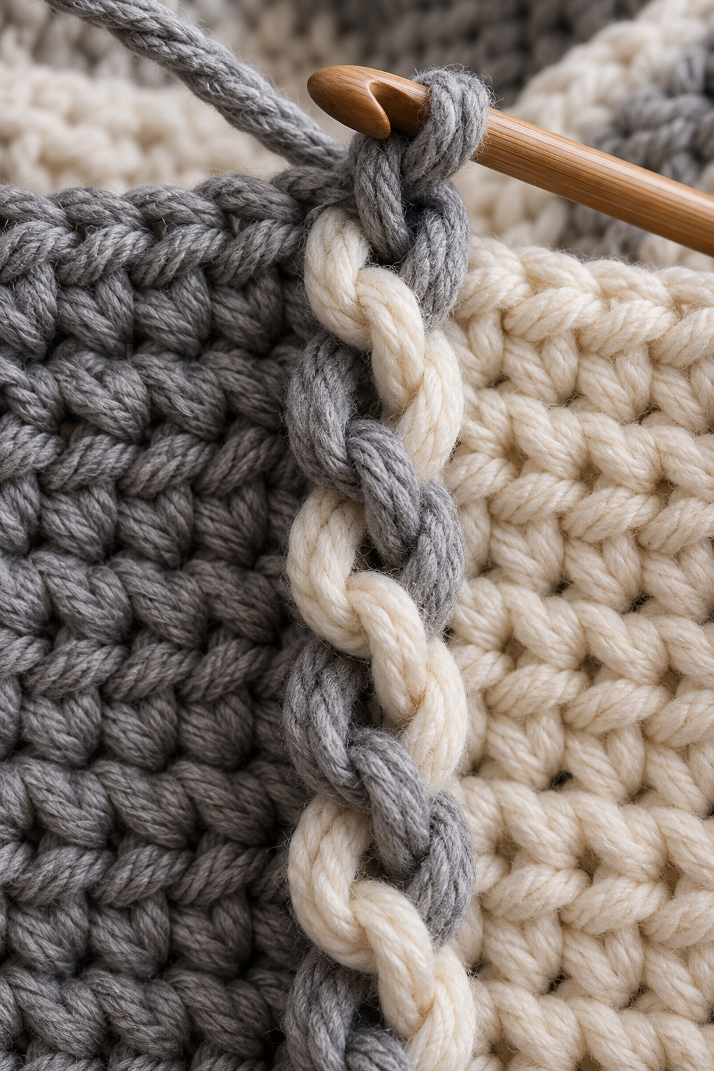Chain loops being linked into a crochet blanket braid