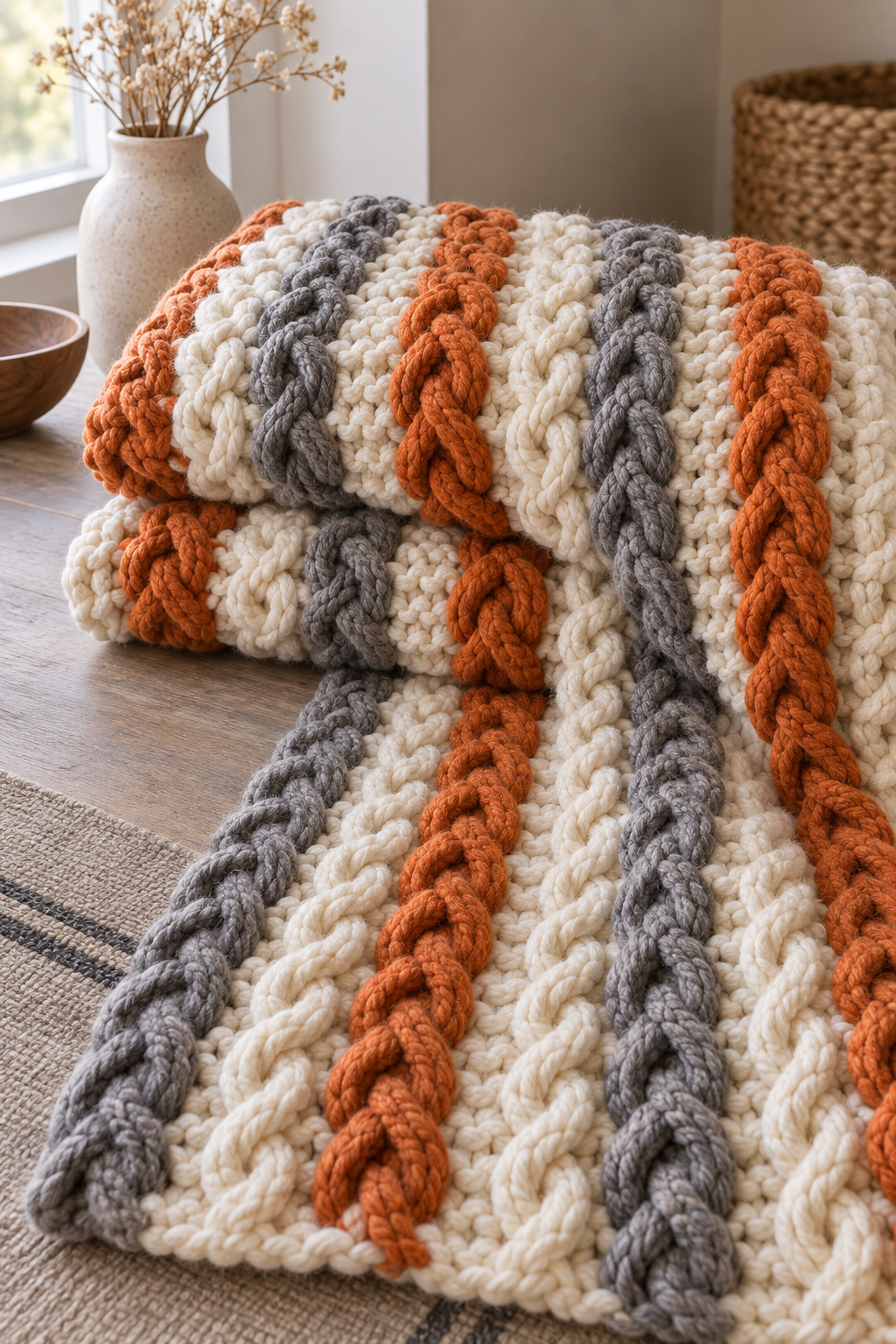 Braided loops crochet blanket in cream orange and gray bulky yarn