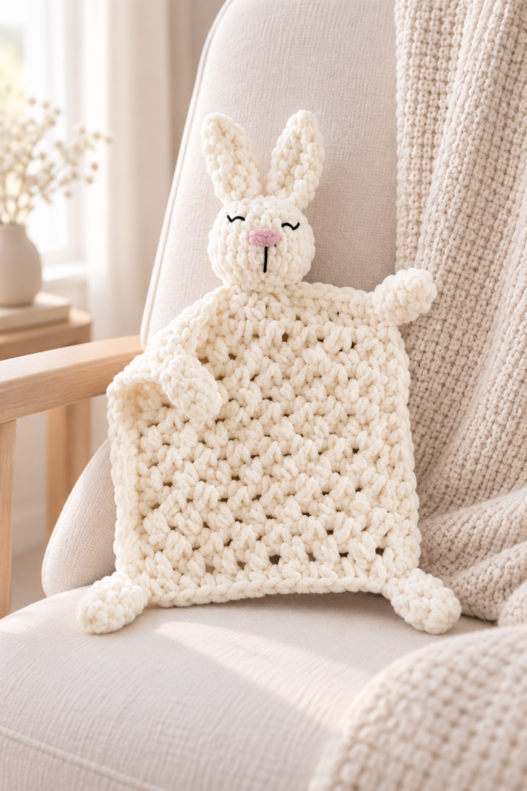 Cream crochet bunny lovey on a pale nursery chair.
