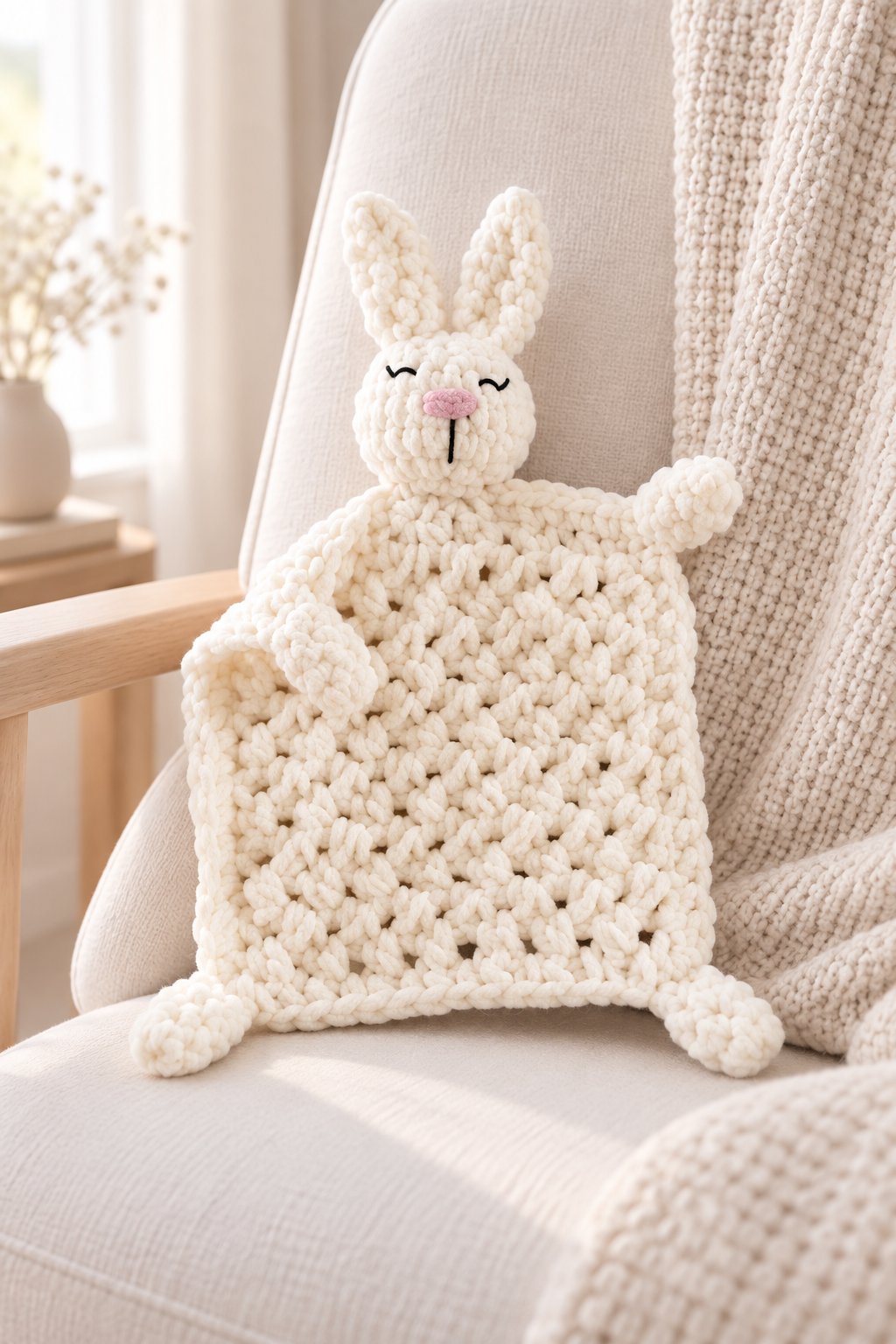 Cream crochet bunny lovey on a pale nursery chair.