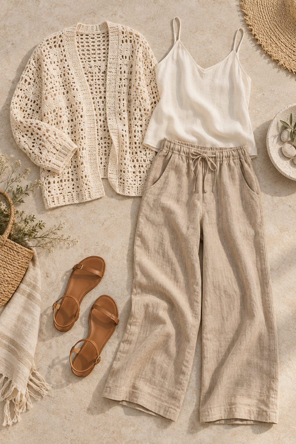 warm-weather outfit layered with a cream crochet cardigan