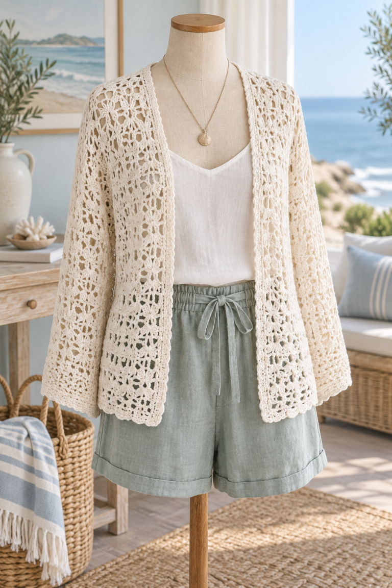 cream Caribbean crochet cardigan with open lace texture