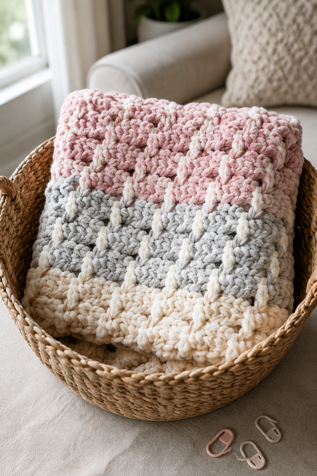 Chunky baby blanket crochet pattern folded in a woven basket