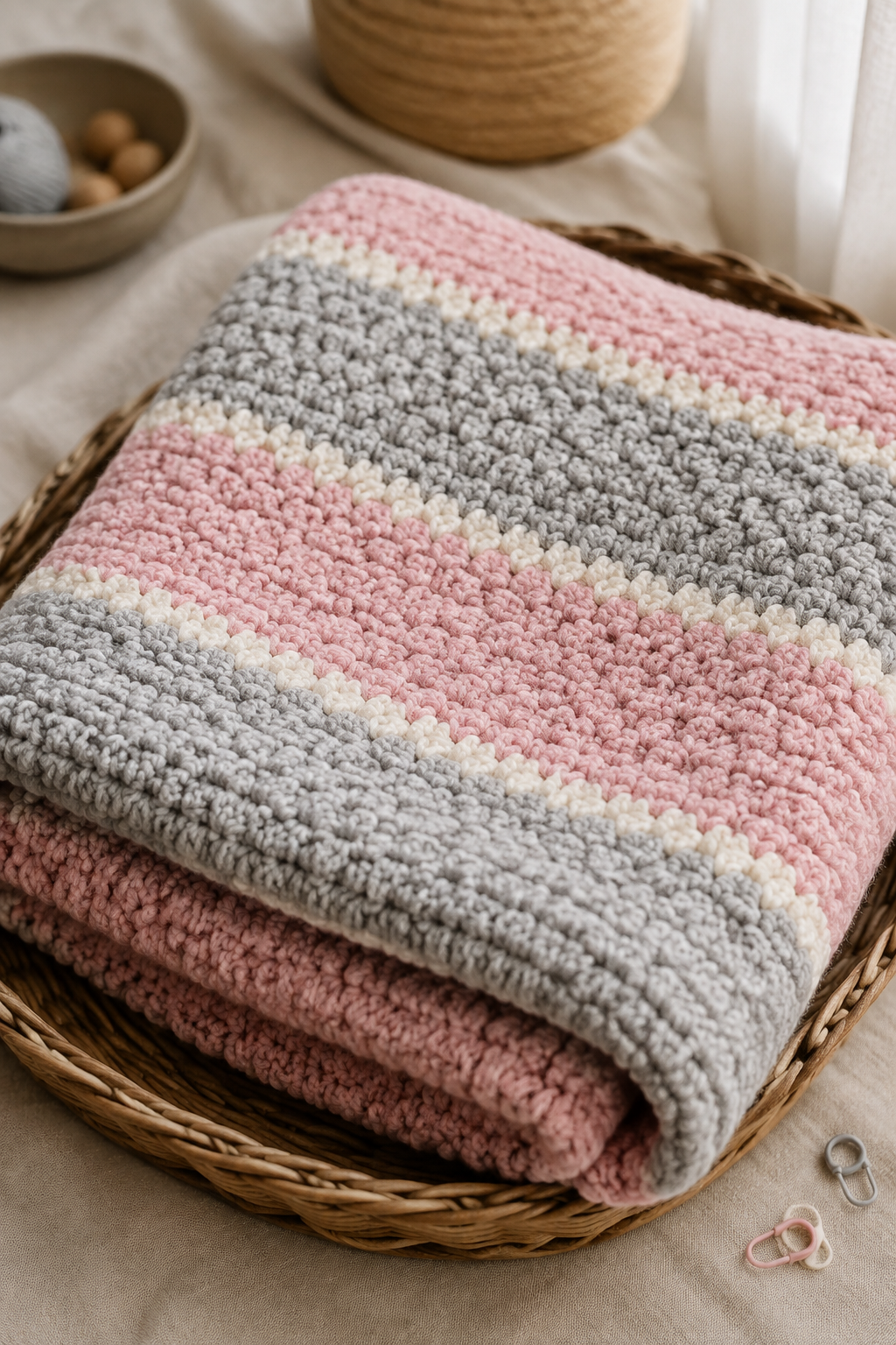 Folded chenille blanket showing cream detail rows between stripes