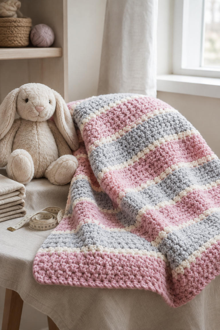 Finished chunky baby blanket crochet pattern in pink gray and vanilla