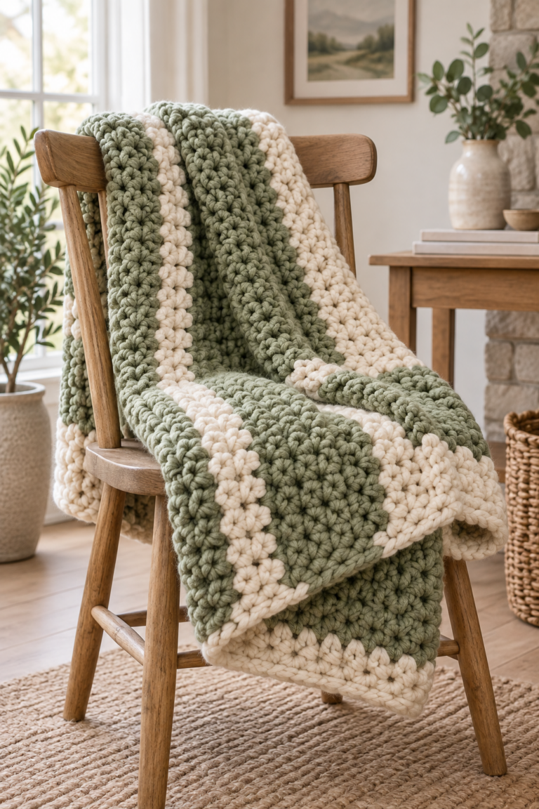 Chunky crochet blanket in sage green and cream folded on a chair