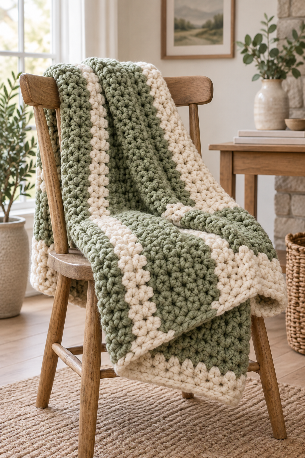 Chunky crochet blanket in sage green and cream folded on a chair