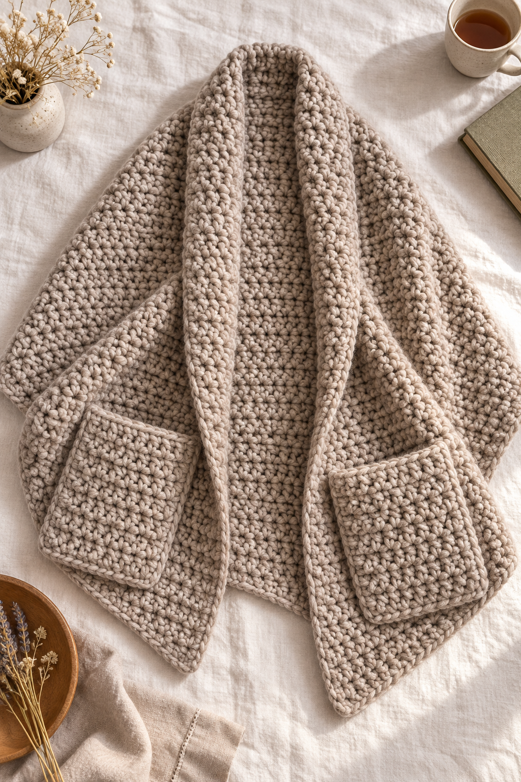 Chunky crochet pocket shawl opened to show its wrap proportions