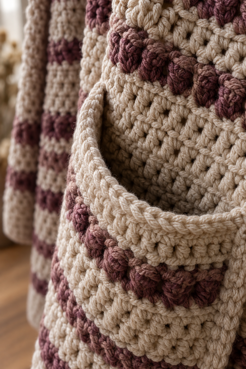 Close view of chunky crochet texture and an integrated pocket