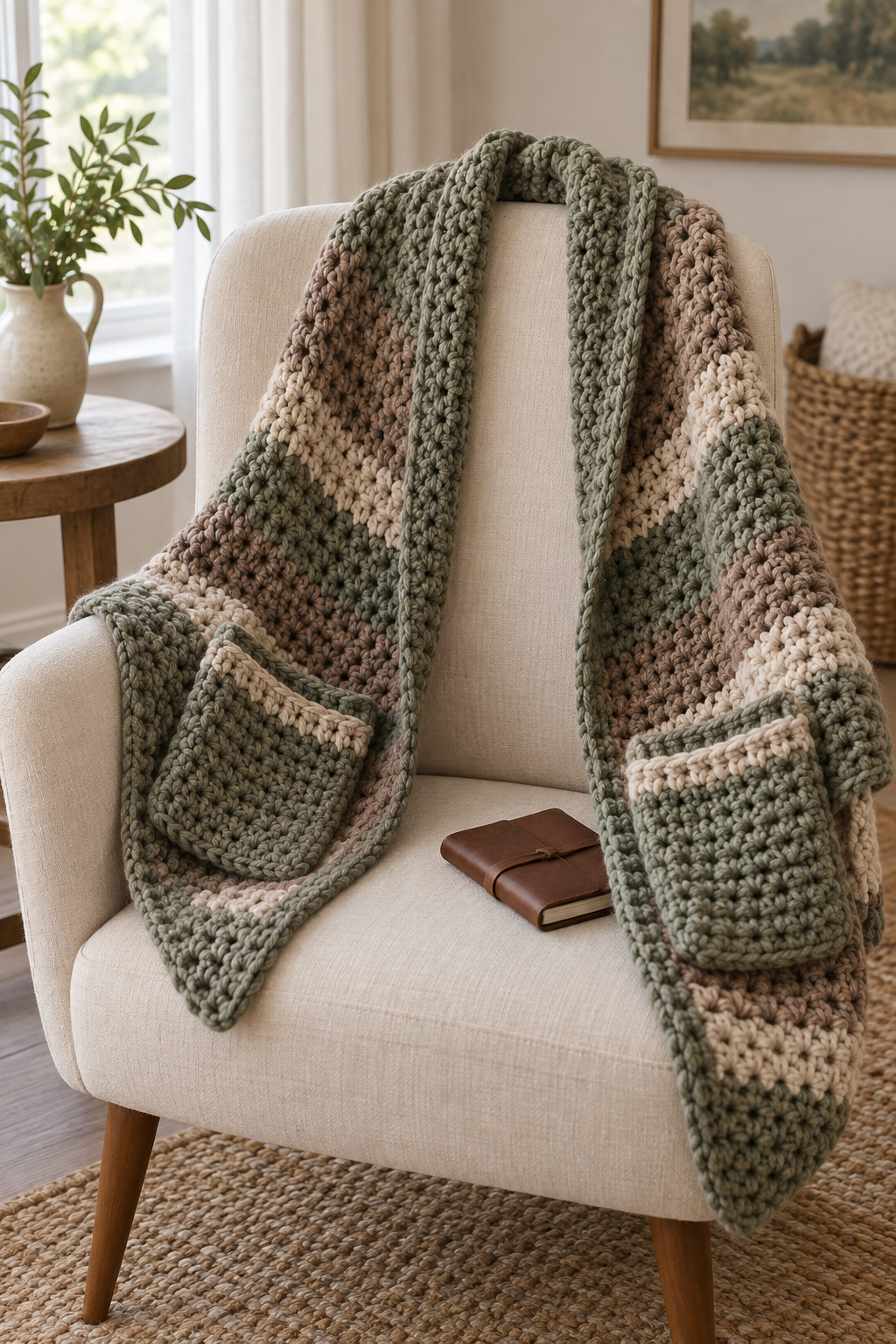 Chunky crochet pocket shawl styled over a cream chair