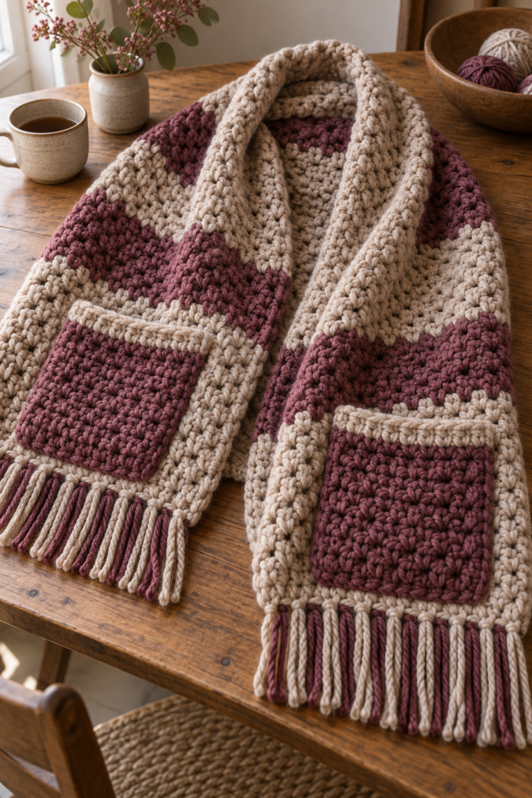 Chunky crochet pocket shawl folded to show its textured fabric and broad shape