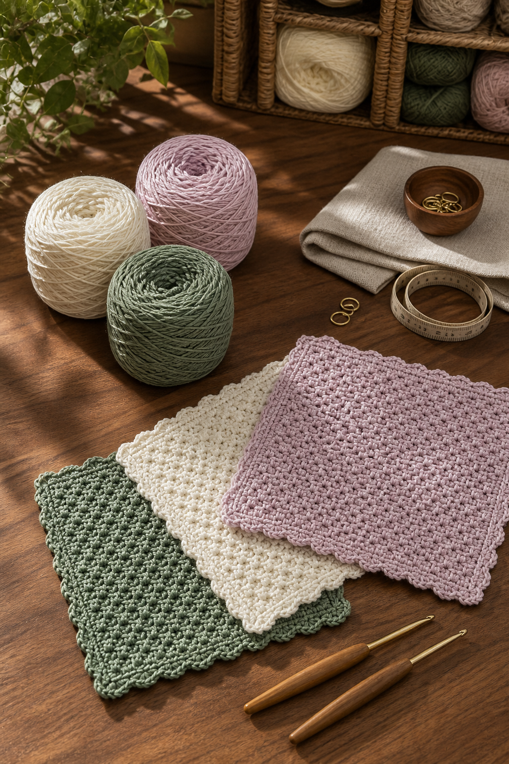 Pastel Cozy Cottage crochet dishcloths folded into bunny forms