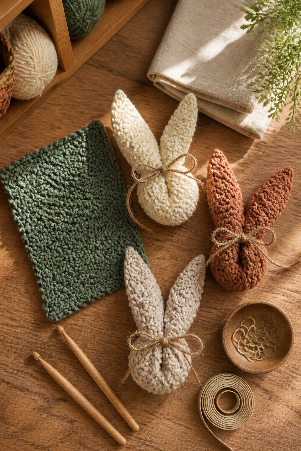 Crochet dishcloths hooks and bunny folds arranged for size comparison