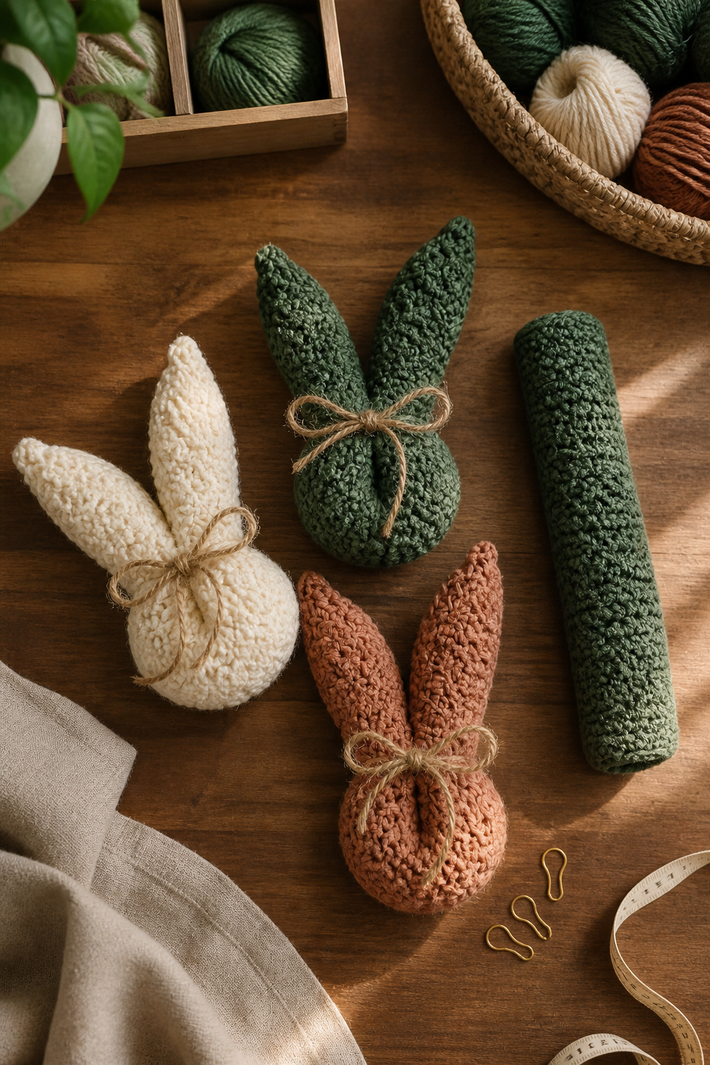 Rolled dishcloth and three twine-tied crochet bunny folds