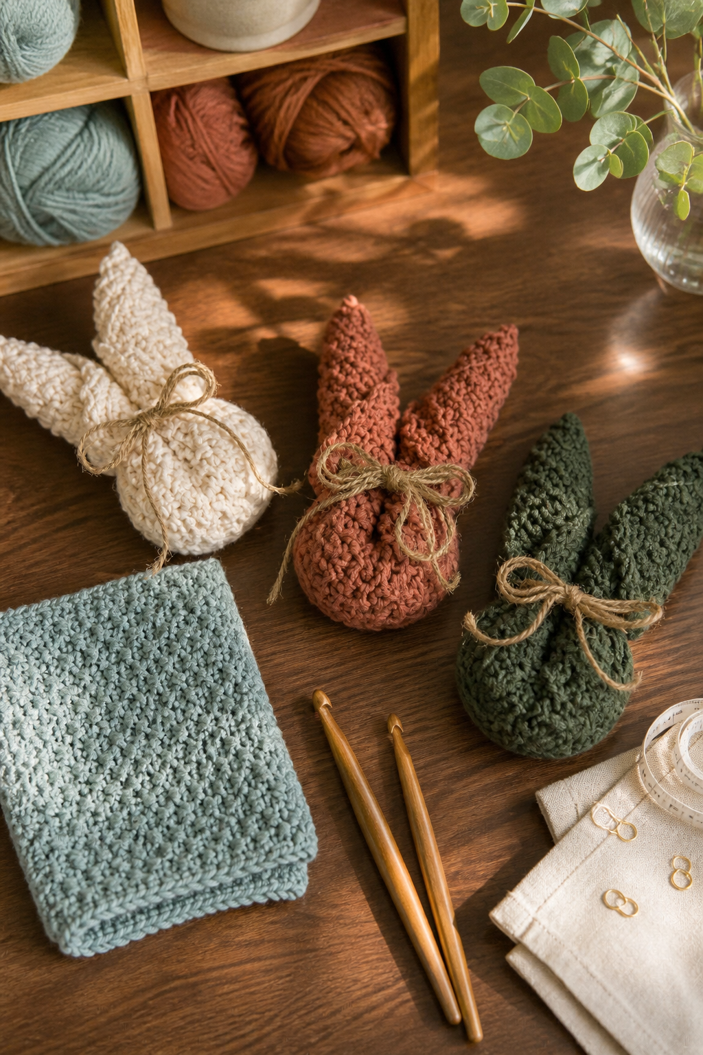 Pastel crochet bunny dishcloths beside a rolled cloth and hooks