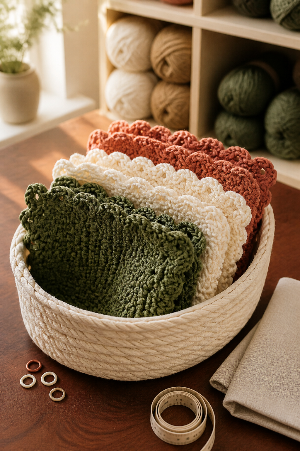 Folded pastel crochet dishcloths arranged upright in a cream basket