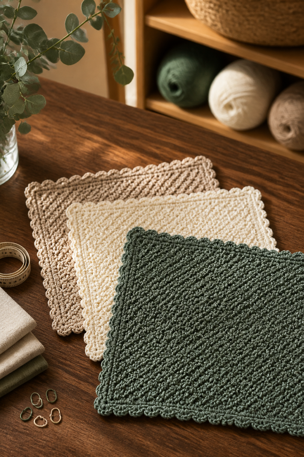 Three finished Cozy Cottage crochet dishcloths with raised texture and picot edges
