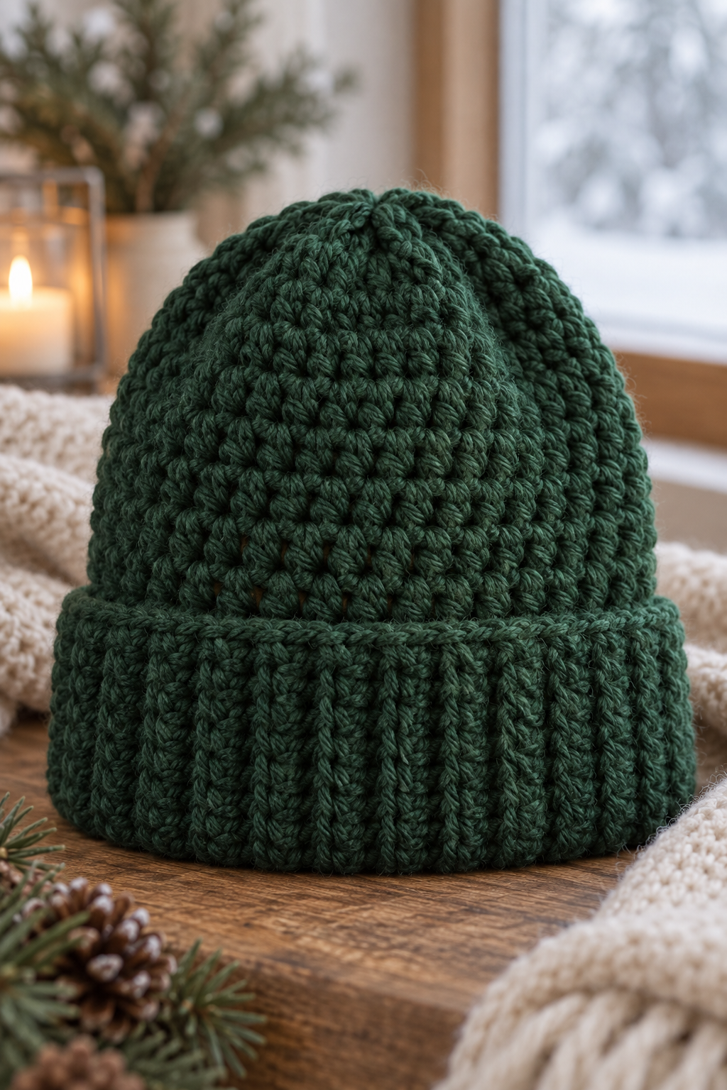 crochet adult hat pattern with textured fold-over brim
