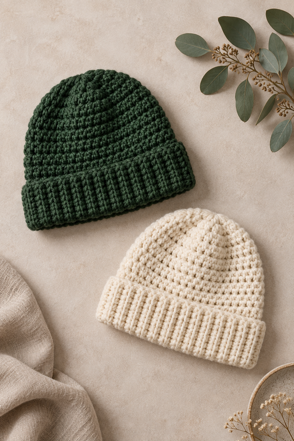 textured crochet adult hat pattern in coordinating colors